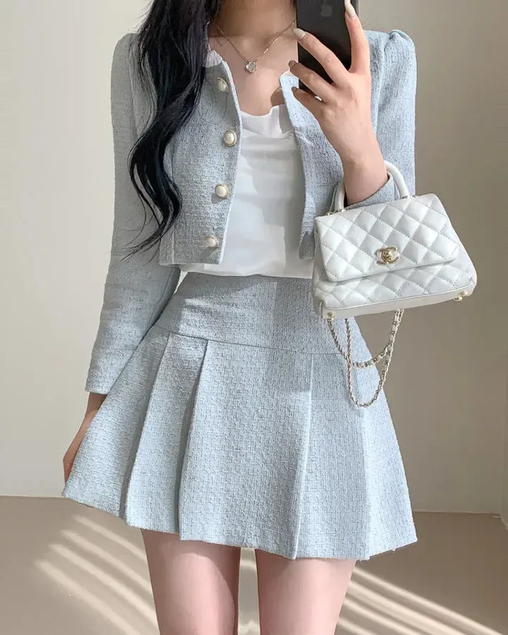 Aiertu Fashion Korea Elegant Tweed Small Fragrance Short Jacket Cropped Coats   High Waist Mini Skirts Suits Slim Women Two Piece Sets