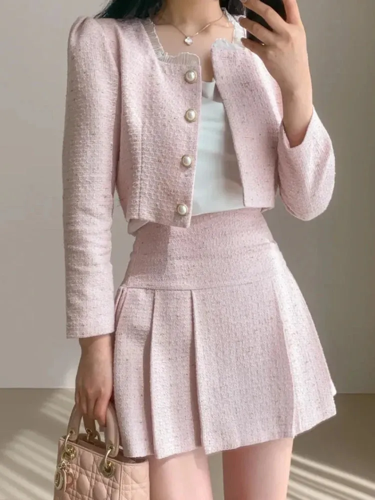 Aiertu Fashion Korea Elegant Tweed Small Fragrance Short Jacket Cropped Coats   High Waist Mini Skirts Suits Slim Women Two Piece Sets