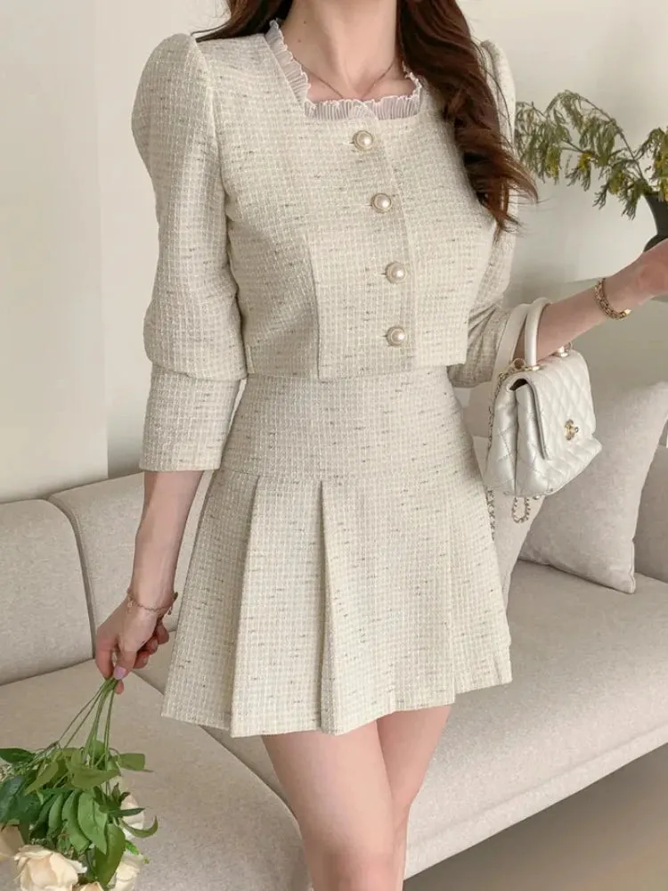 Aiertu Fashion Korea Elegant Tweed Small Fragrance Short Jacket Cropped Coats   High Waist Mini Skirts Suits Slim Women Two Piece Sets