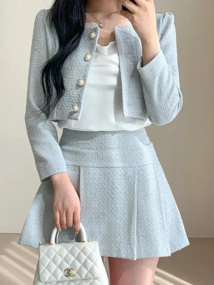 Aiertu Fashion Korea Elegant Tweed Small Fragrance Short Jacket Cropped Coats   High Waist Mini Skirts Suits Slim Women Two Piece Sets