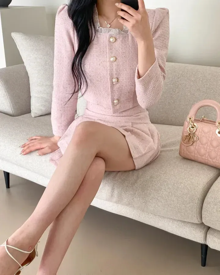 Aiertu Fashion Korea Elegant Tweed Small Fragrance Short Jacket Cropped Coats   High Waist Mini Skirts Suits Slim Women Two Piece Sets