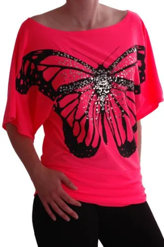 Amoretta Boat Neck Batwing Butterfly Graphic Tops