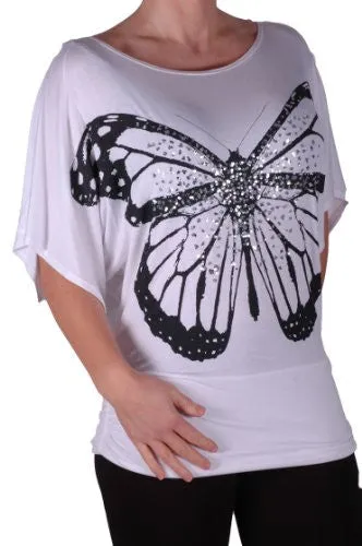 Amoretta Boat Neck Batwing Butterfly Graphic Tops