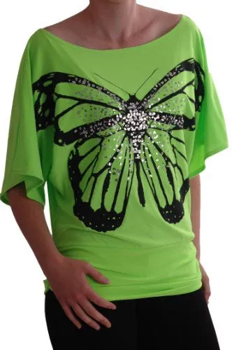 Amoretta Boat Neck Batwing Butterfly Graphic Tops