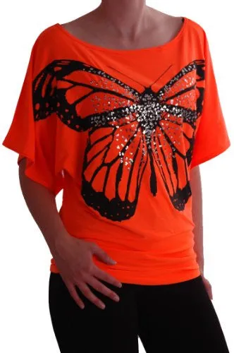 Amoretta Boat Neck Batwing Butterfly Graphic Tops