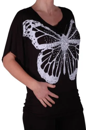 Amoretta Boat Neck Batwing Butterfly Graphic Tops