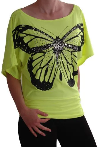 Amoretta Boat Neck Batwing Butterfly Graphic Tops