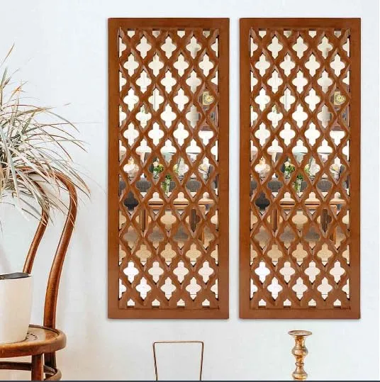 ANTIQUE DECORS Rectangular Decorative Hand Crafted Wooden Wall Mount Mirror Panel for Living Room | Modern Wall Panels | Wall Décor, 30 x 12 inch, Brown (Pack of 2)