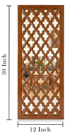 ANTIQUE DECORS Rectangular Decorative Hand Crafted Wooden Wall Mount Mirror Panel for Living Room | Modern Wall Panels | Wall Décor, 30 x 12 inch, Brown (Pack of 2)