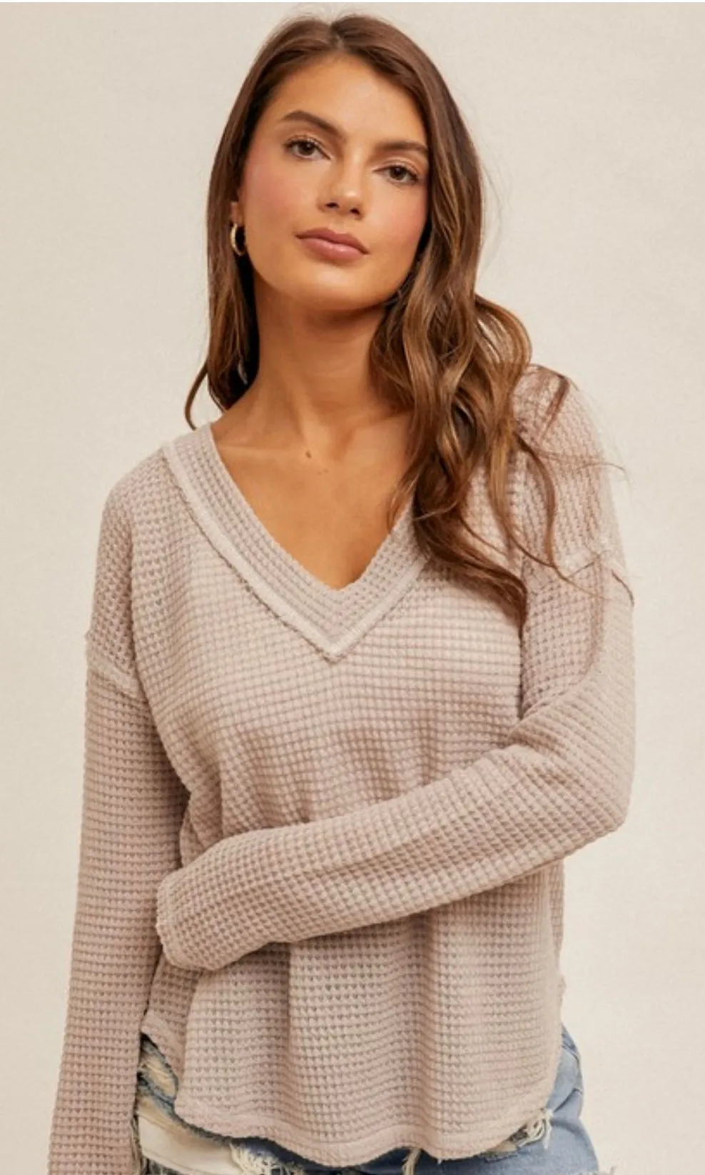 Bailey Stone Textured Thread Details V Neck Oversized Tee