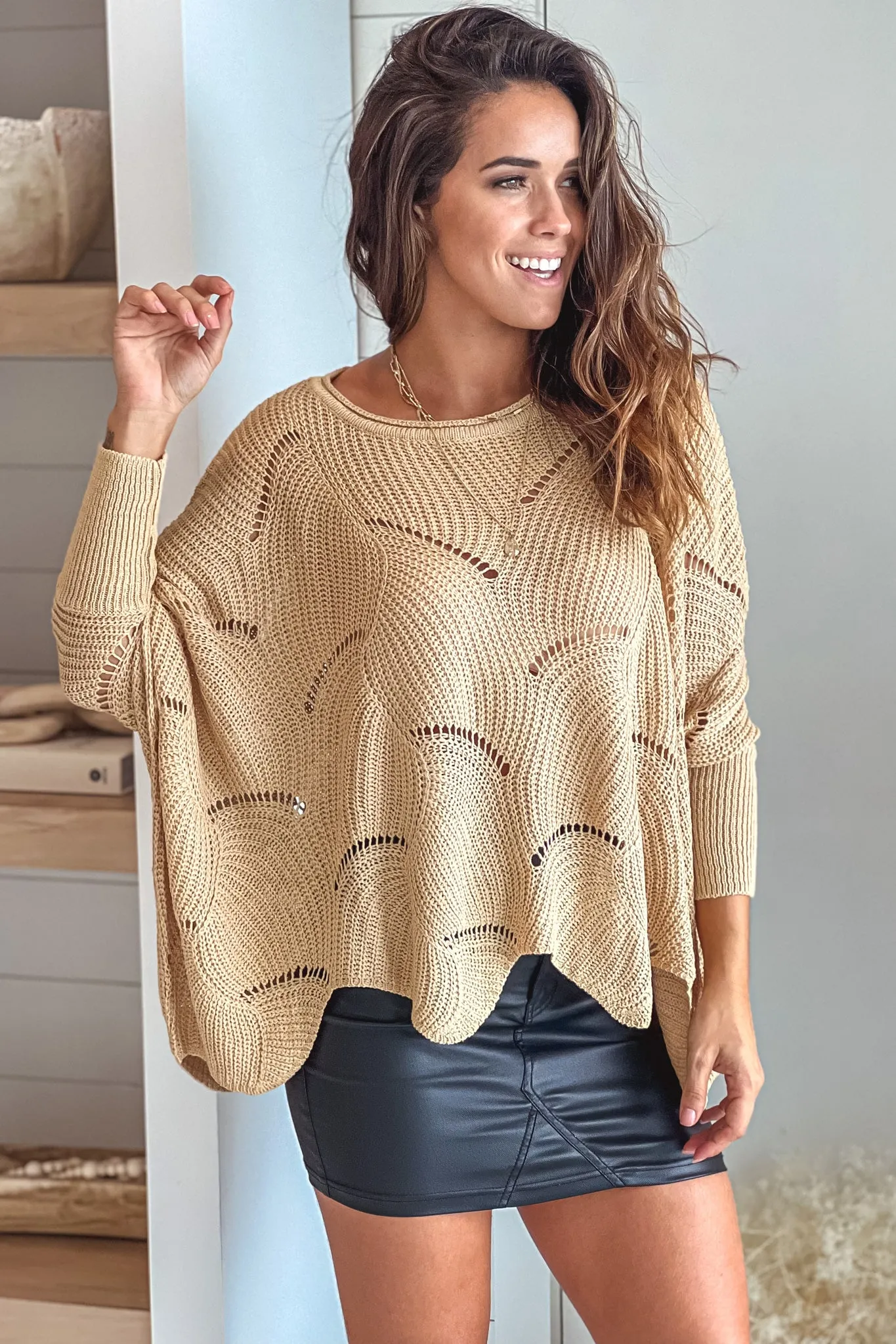 Beige Round Neck Crochet Top With Long Sleeves