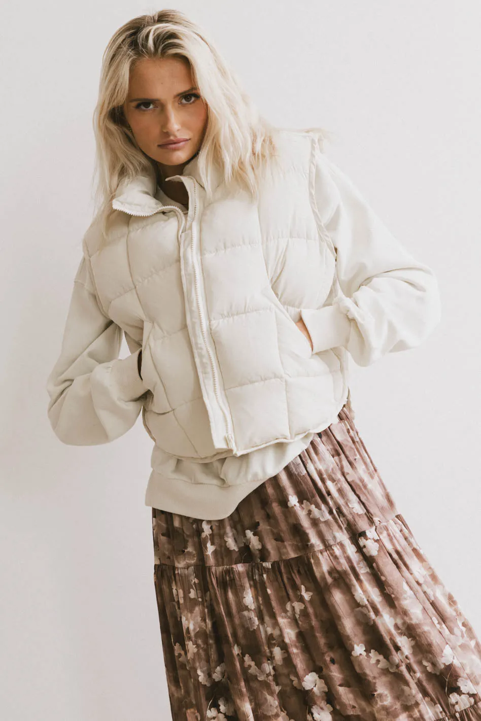 Bellese Quilted Puffer Vest in Bone