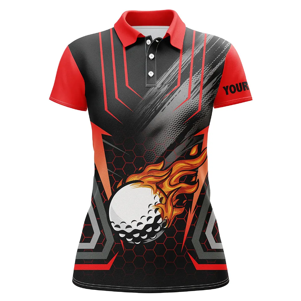 Black And Red Golf Ball Fire Women Golf Polo Shirt Custom Name Golfing Gifts, Ladies Golf Tops