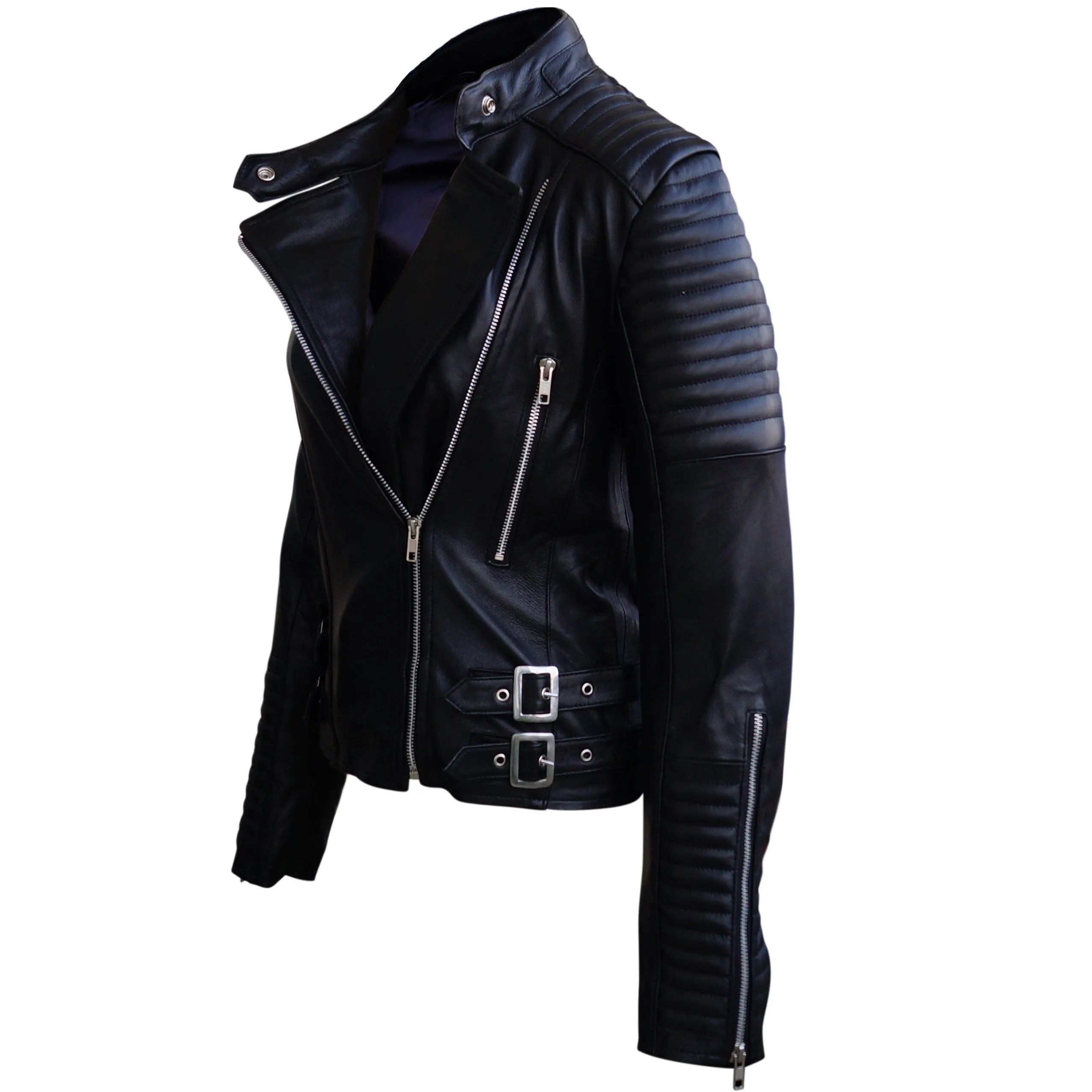 Black Brando Shoulder Sleeve Padded Genuine Leather Jacket