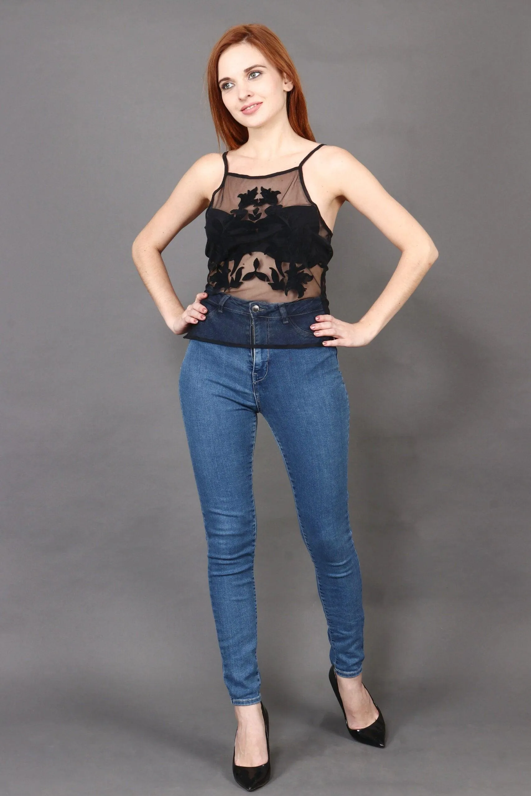 Black Sheer Top with Floral Patch