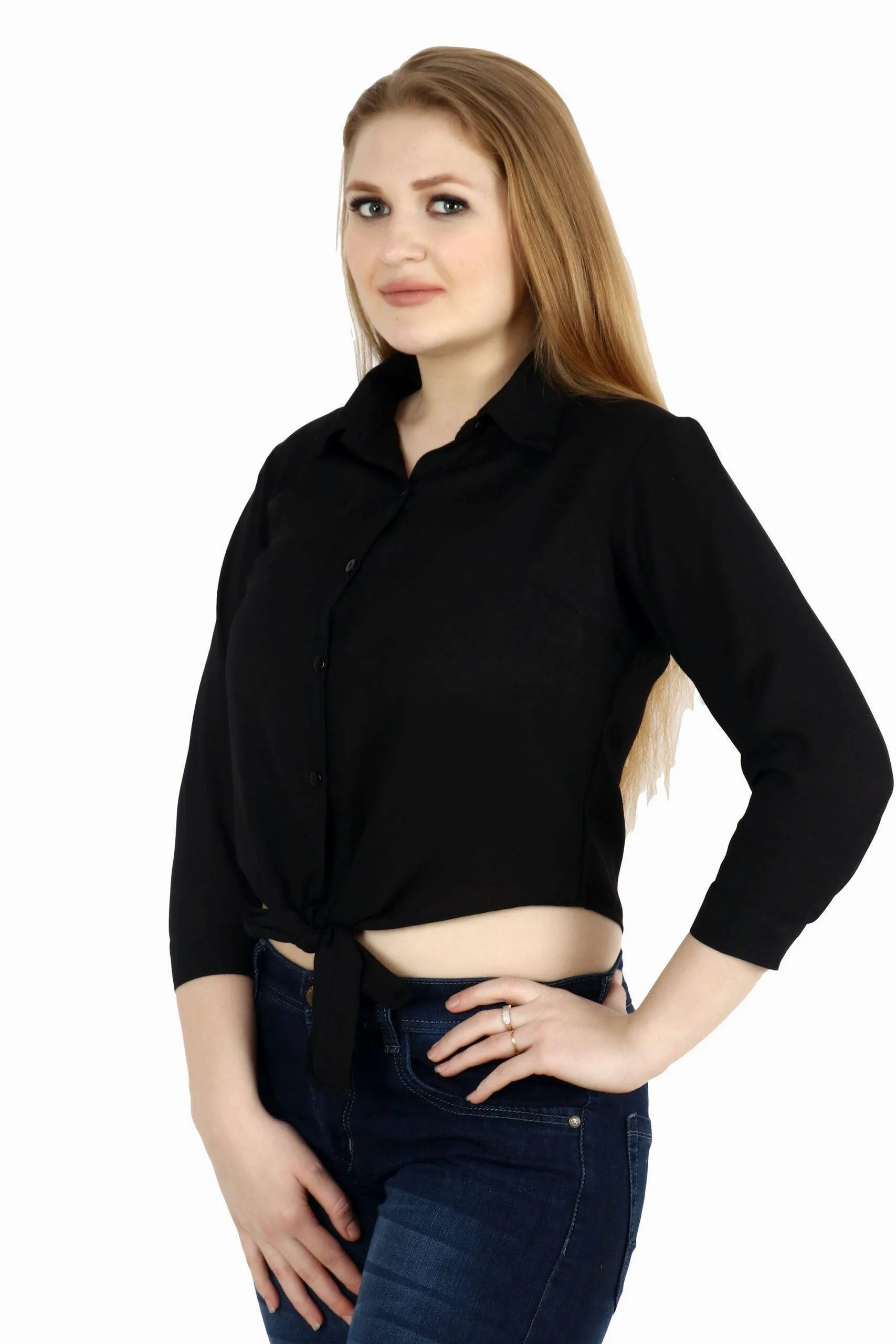 Black Solid Shirt with Front Knot