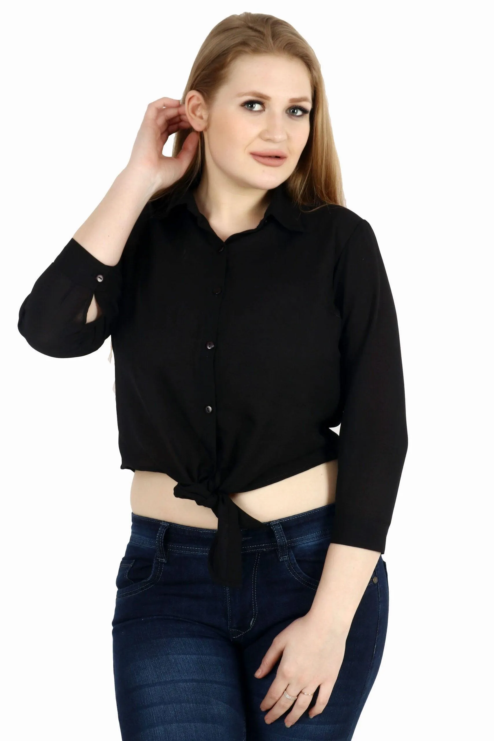 Black Solid Shirt with Front Knot