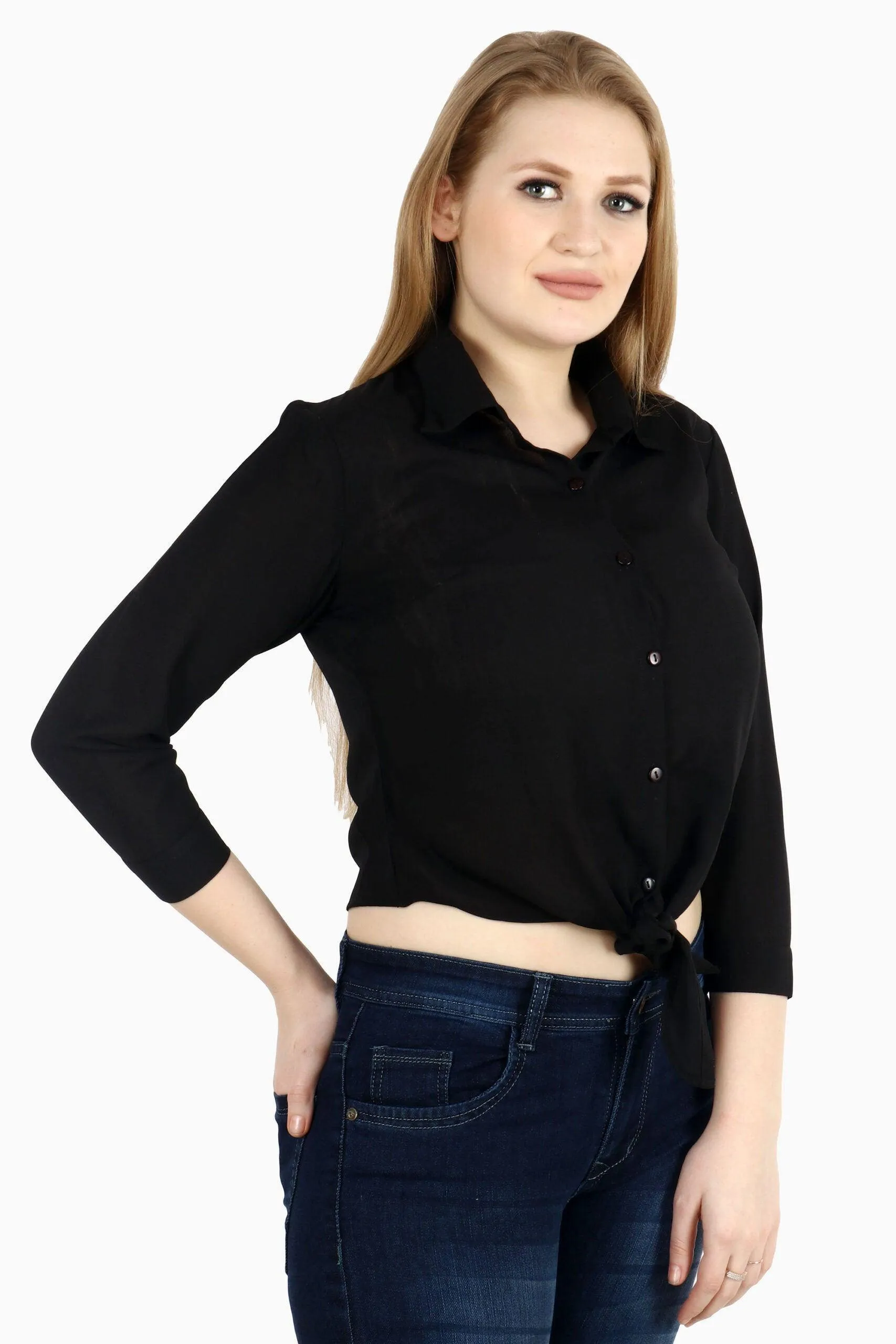 Black Solid Shirt with Front Knot