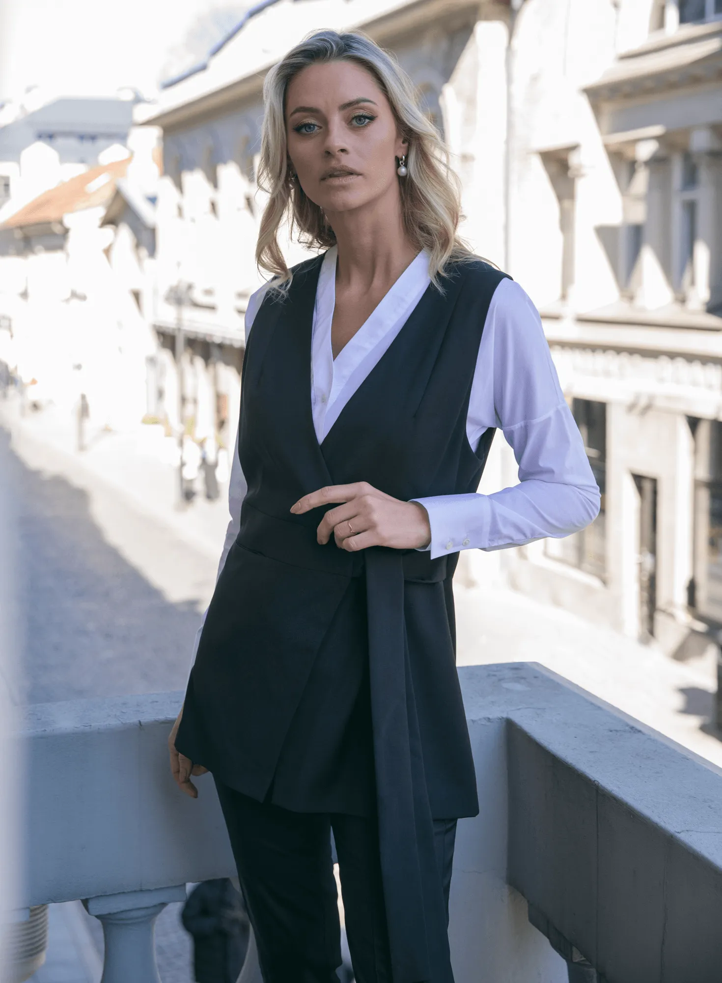 Black stretch wool-blend vest