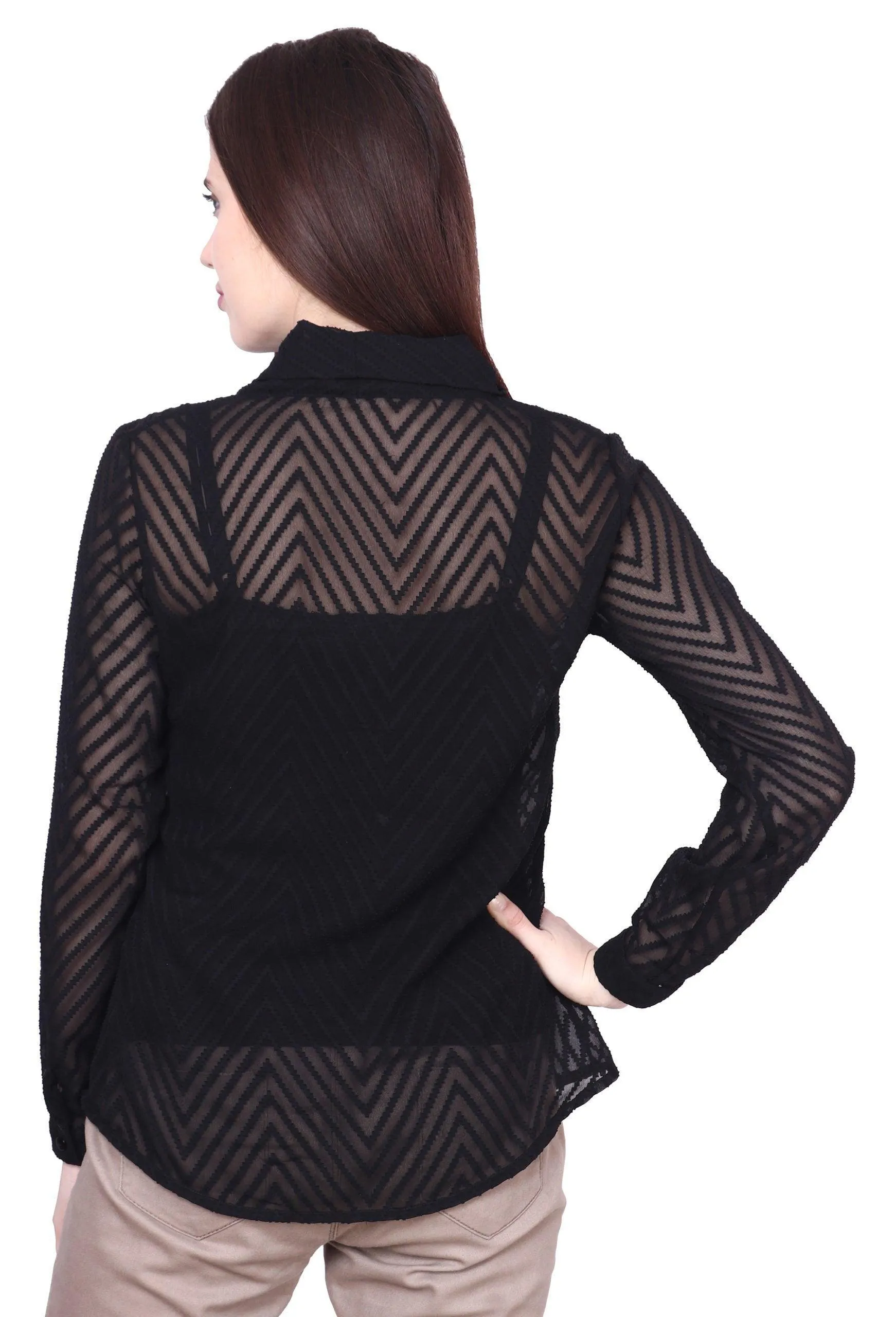 Black Zig Zag Printed Sheer Top