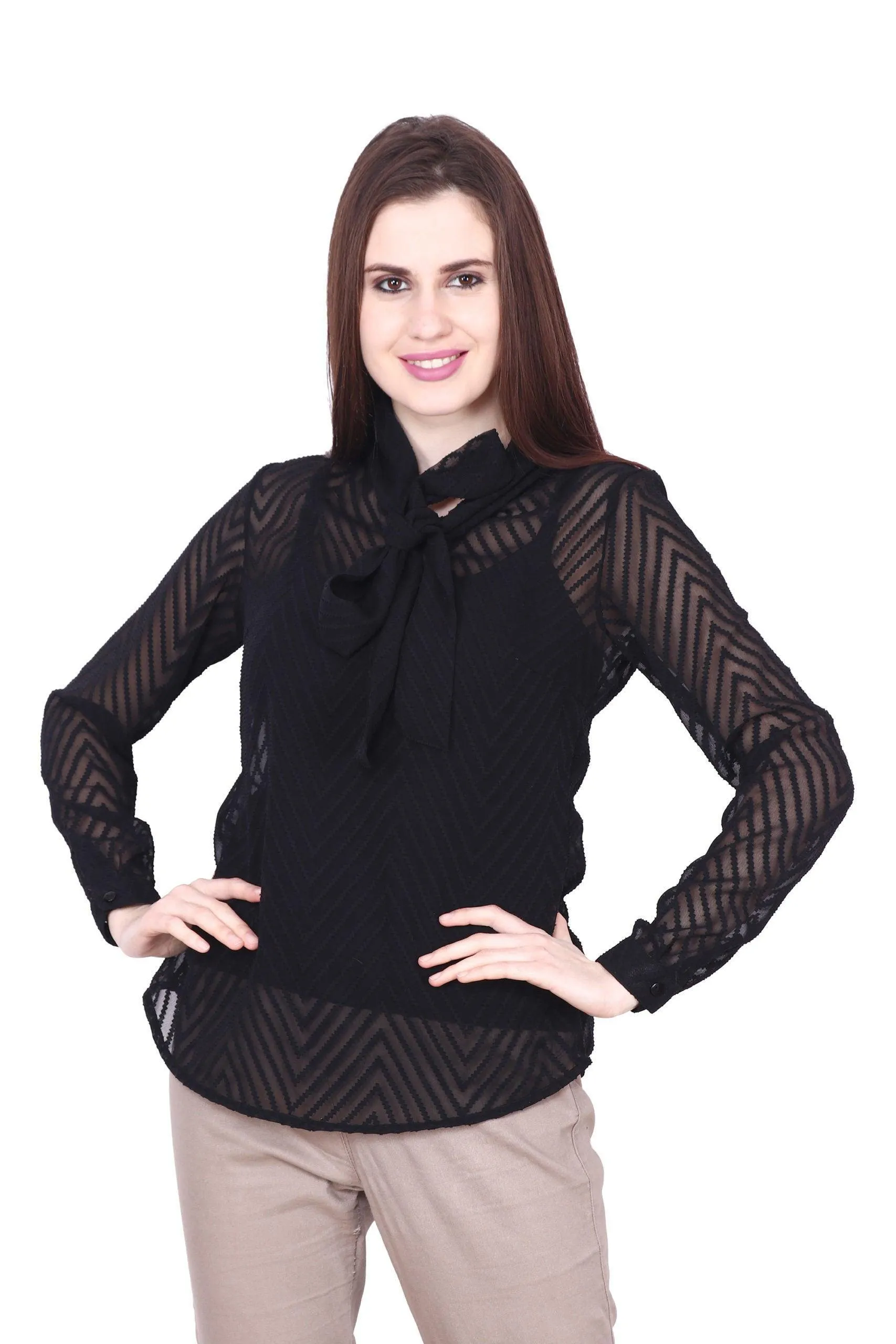 Black Zig Zag Printed Sheer Top