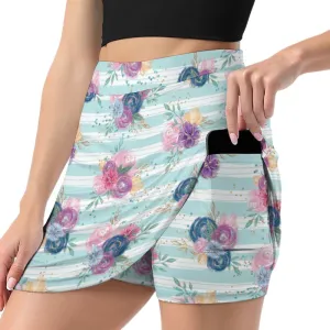 Blue Candy Strip Roses A-Line Skirt with Pocket Light proof trouser skirt