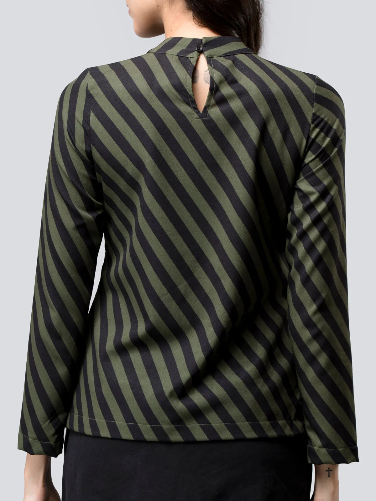 Button Detail Striped Top - Black and Olive