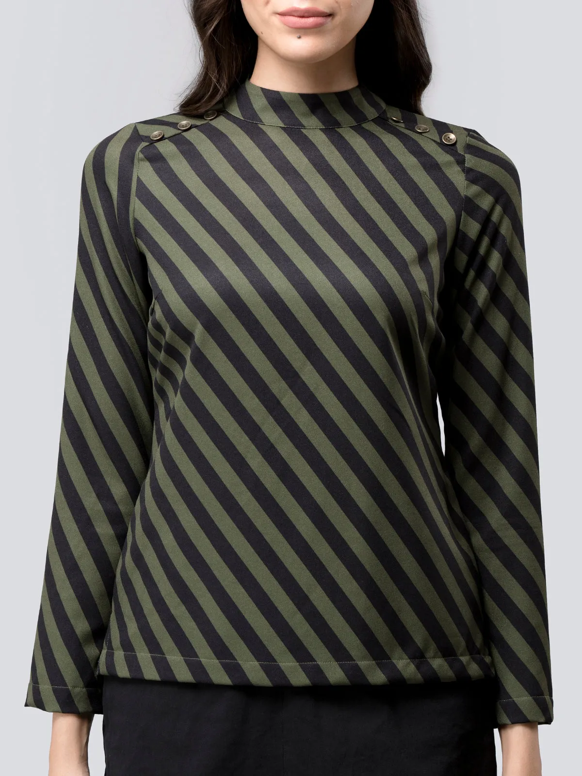 Button Detail Striped Top - Black and Olive