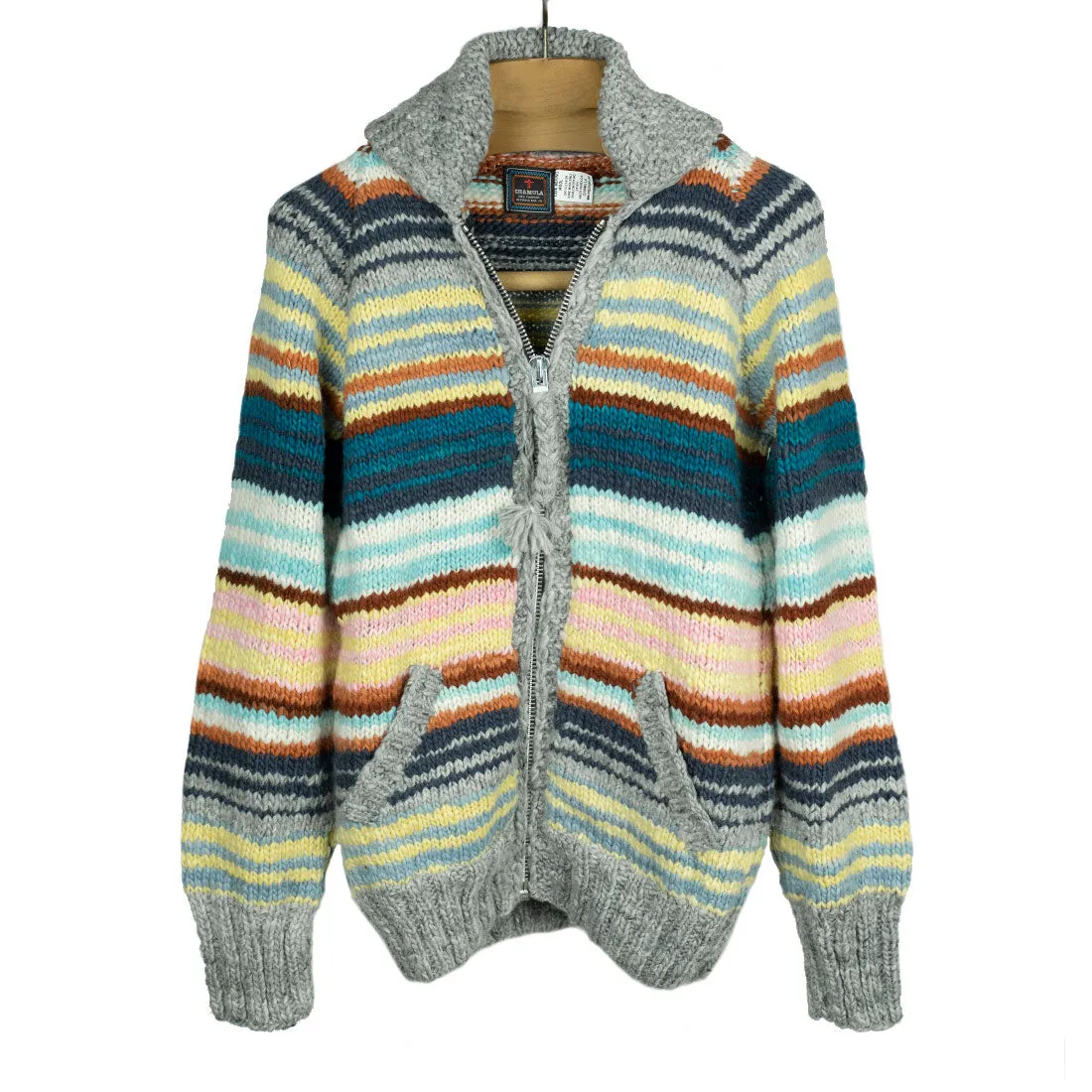 Chamula handknit cowichan style zipped cardigan in pearl grey striped Merino wool (restock)