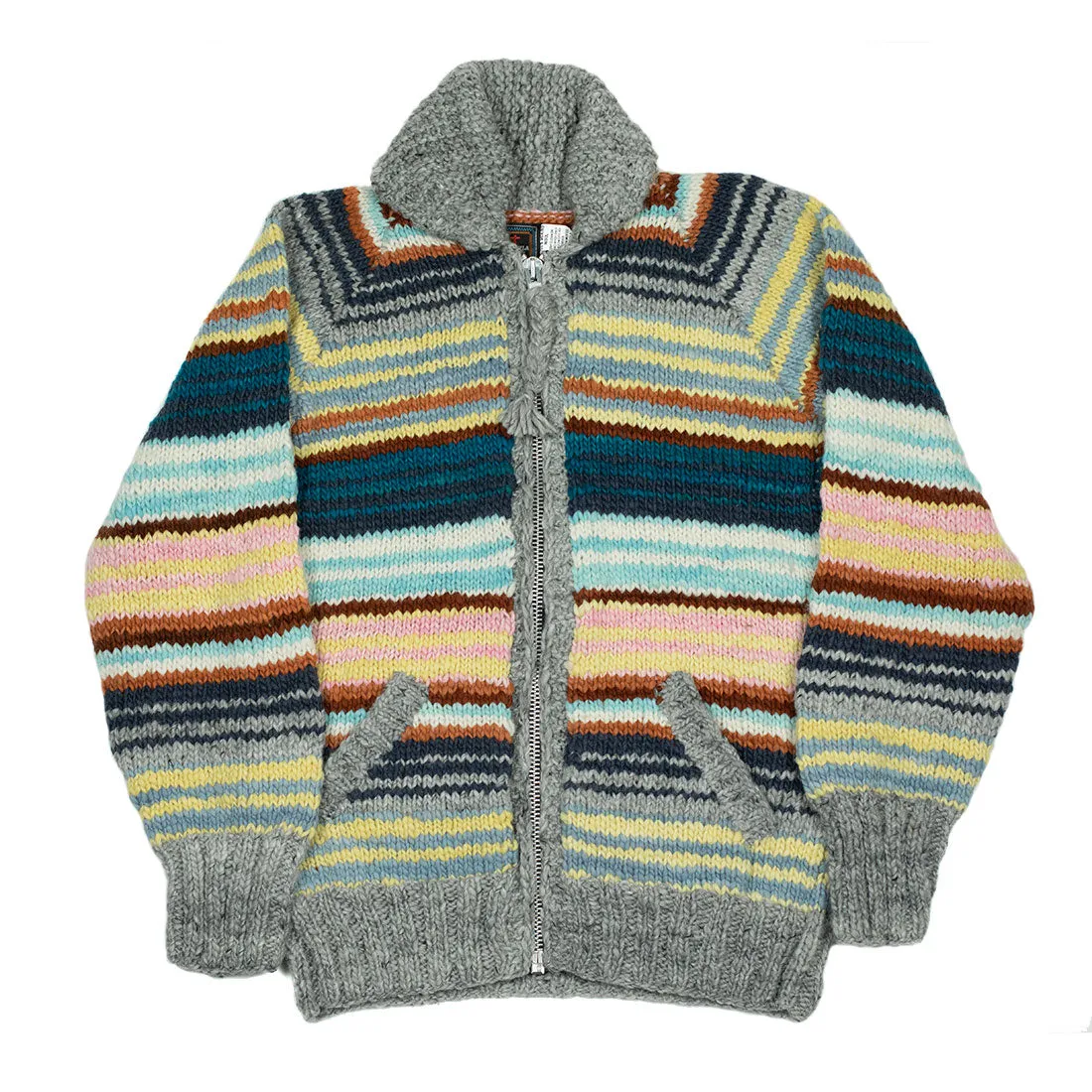 Chamula handknit cowichan style zipped cardigan in pearl grey striped Merino wool (restock)