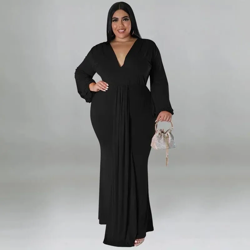 Deep V Neck Maxi Dress - Elegant and Slim Fit Silhouette