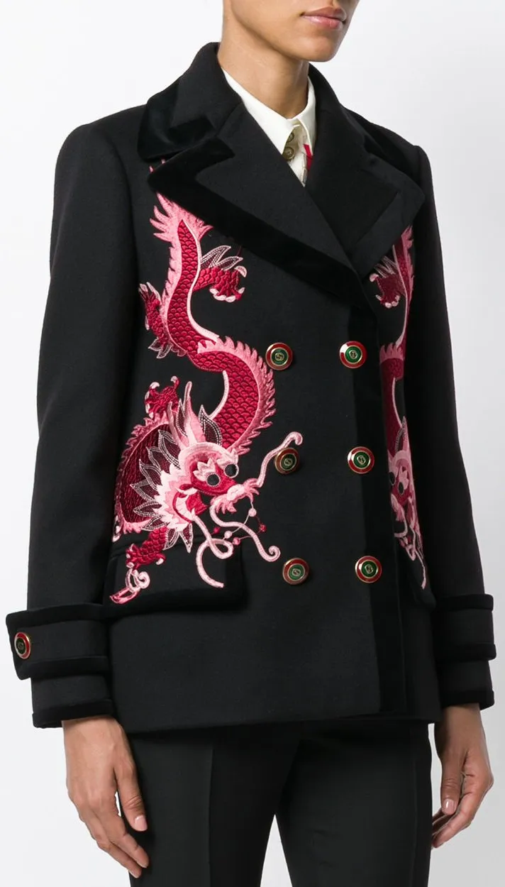 Dragon-Embroidered Short Wool Coat