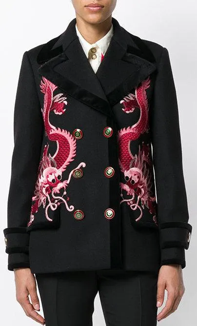 Dragon-Embroidered Short Wool Coat