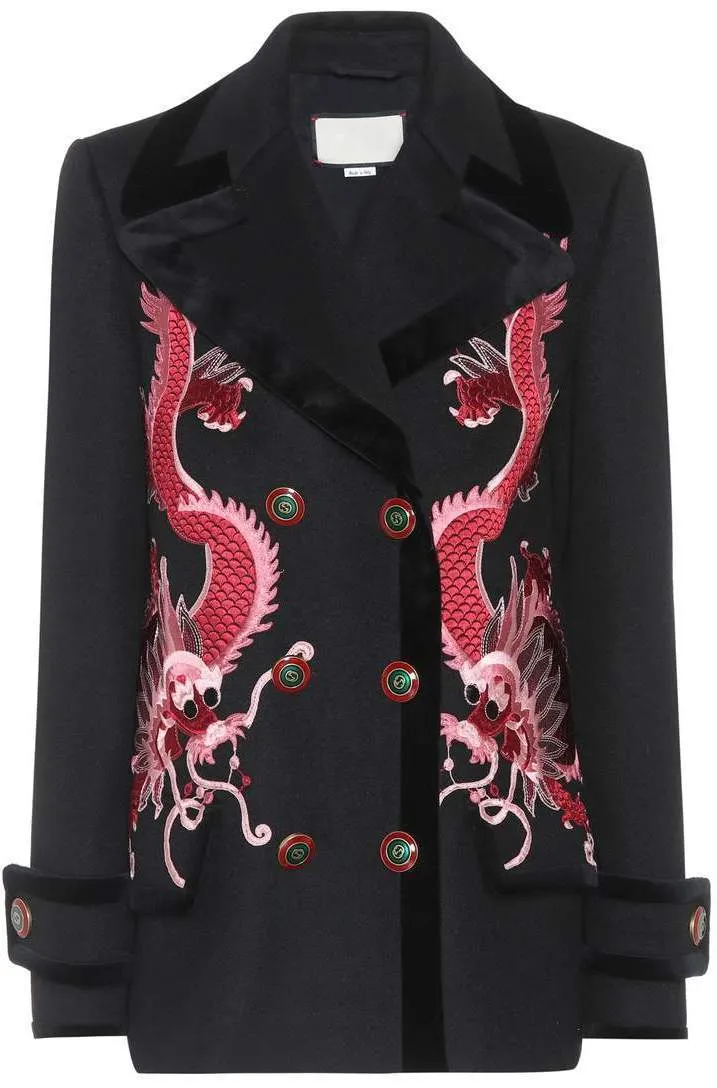 Dragon-Embroidered Short Wool Coat