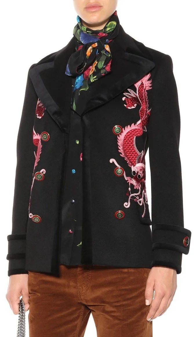 Dragon-Embroidered Short Wool Coat