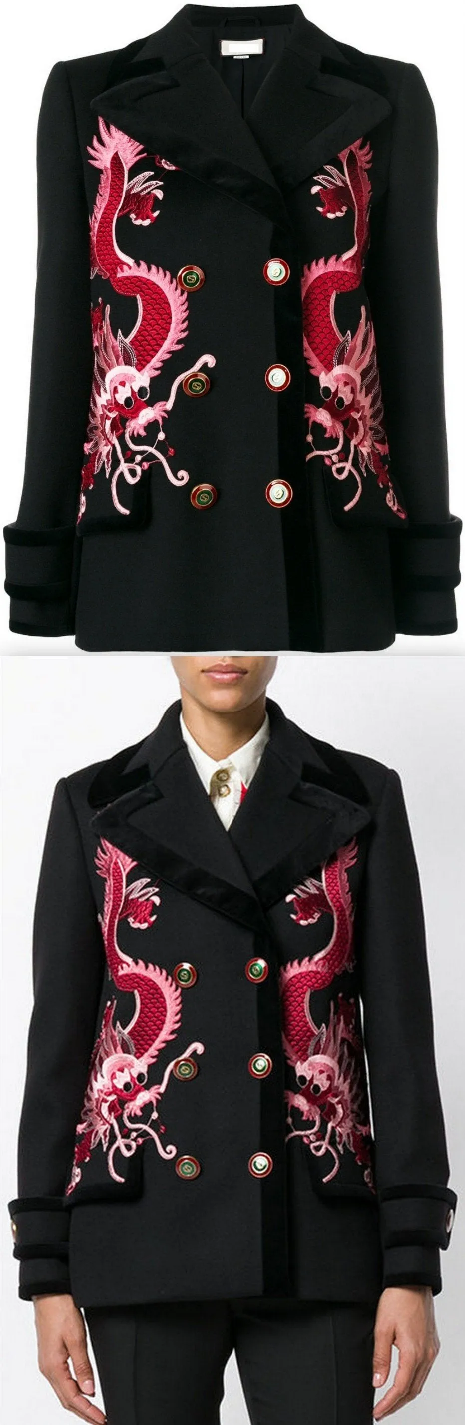 Dragon-Embroidered Short Wool Coat