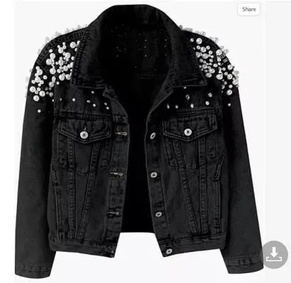 Embroidered Pearls Long Sleeve Short Denim Jacket Coat