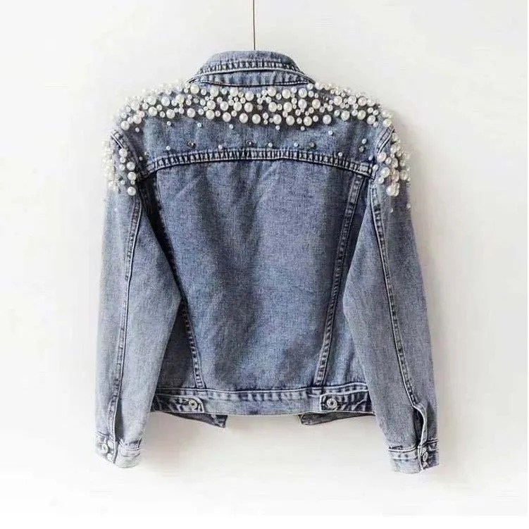 Embroidered Pearls Long Sleeve Short Denim Jacket Coat