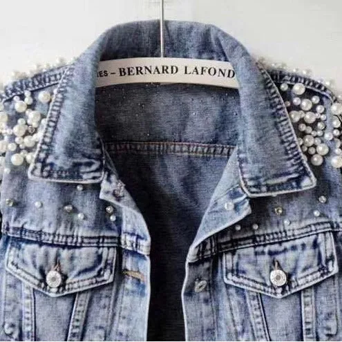 Embroidered Pearls Long Sleeve Short Denim Jacket Coat