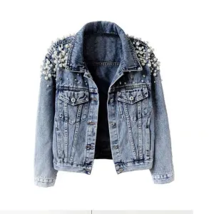 Embroidered Pearls Long Sleeve Short Denim Jacket Coat