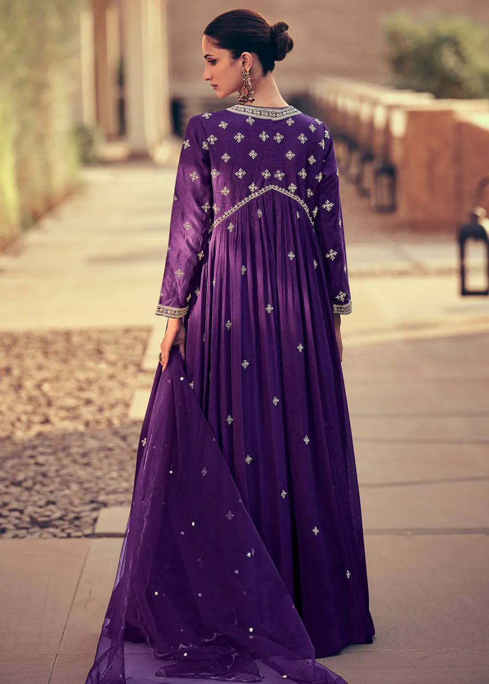 Festive Style Purple Embroidered Chinnon Anarkali Suit