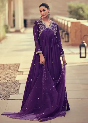 Festive Style Purple Embroidered Chinnon Anarkali Suit