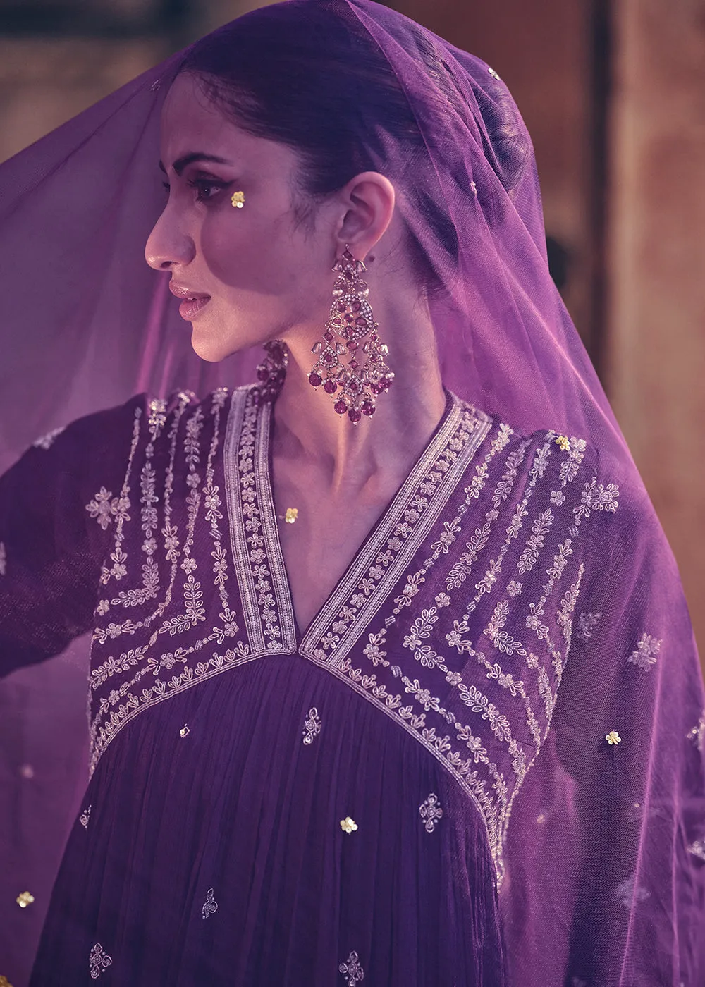 Festive Style Purple Embroidered Chinnon Anarkali Suit