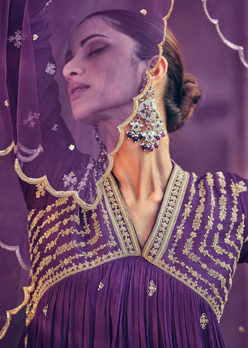 Festive Style Purple Embroidered Chinnon Anarkali Suit