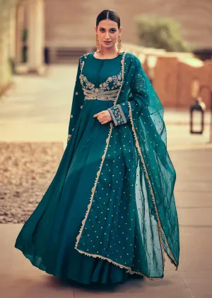 Festive Style Teal Blue Embroidered Silk Anarkali Suit