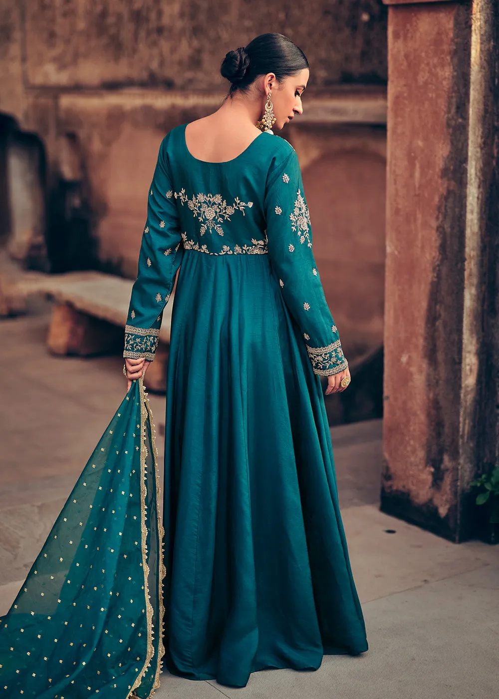 Festive Style Teal Blue Embroidered Silk Anarkali Suit