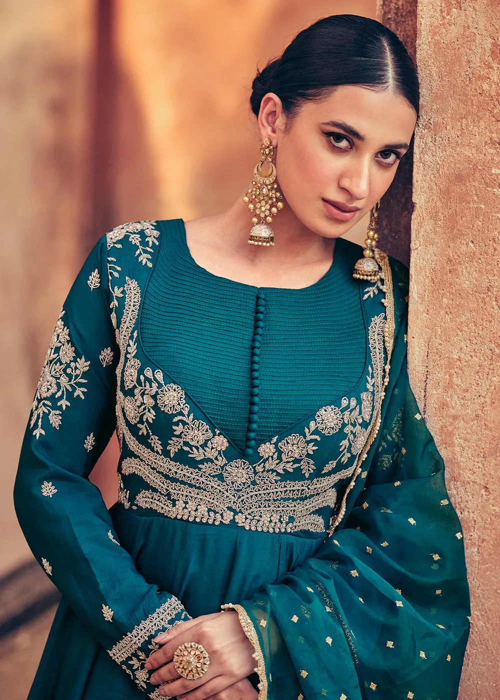 Festive Style Teal Blue Embroidered Silk Anarkali Suit