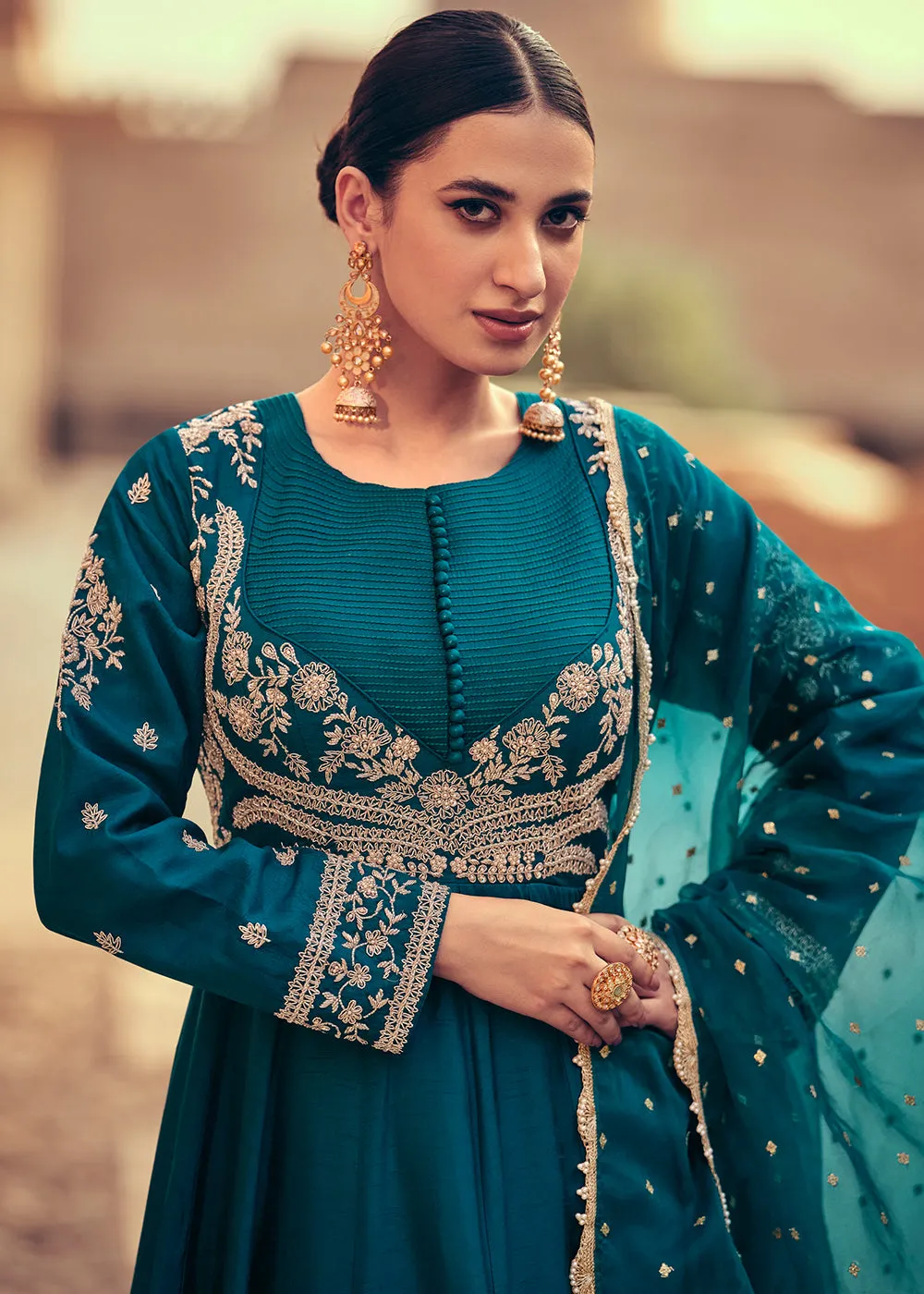 Festive Style Teal Blue Embroidered Silk Anarkali Suit