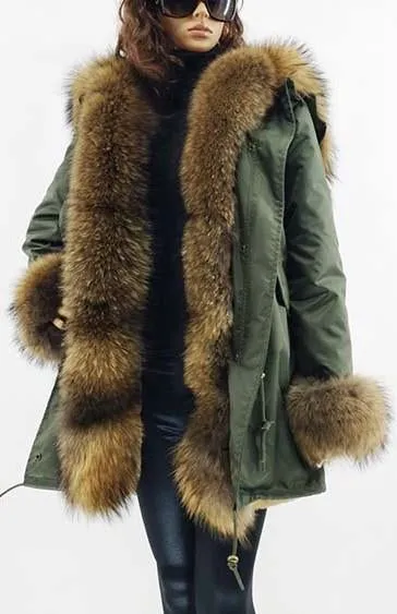 Fur Lined and Trimmed Parka Coat - Blue or Green