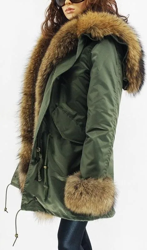 Fur Lined and Trimmed Parka Coat - Blue or Green